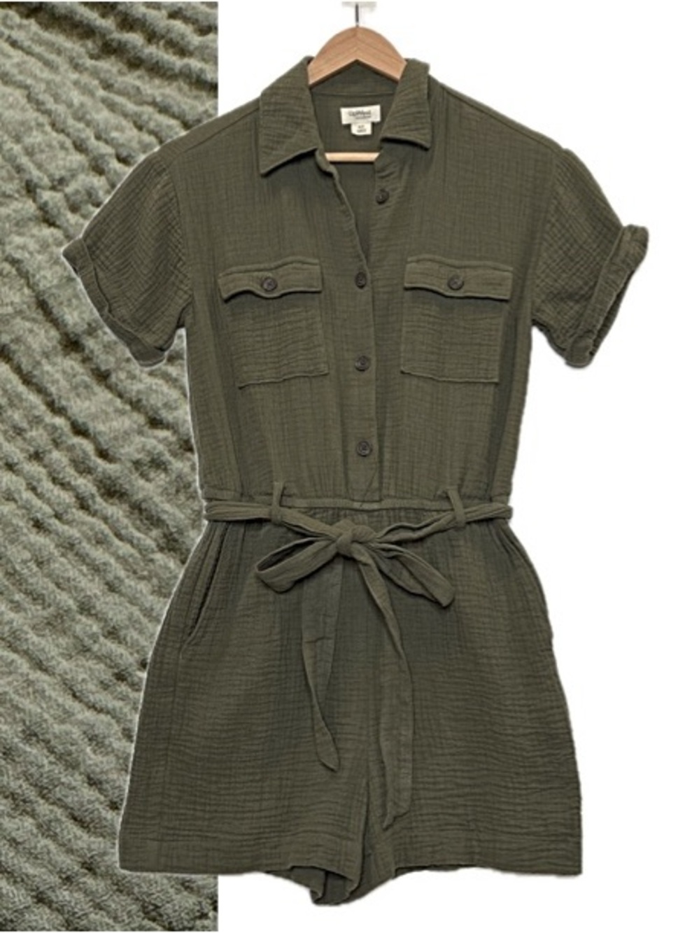 UpWest Cotton Gauze Utility Shirt Romper Size XS Olive Button Front Cargo Pocket